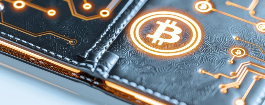 Close-up of Trezor wallet with glowing blockchain symbols, Trezor wallet, secure cryptocurrency storage