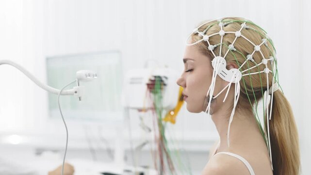 Female patient undergoing an EEG test, showcasing modern healthcare and patient comfort. Perfect for highlighting advanced diagnostic technology and patient-centered care.