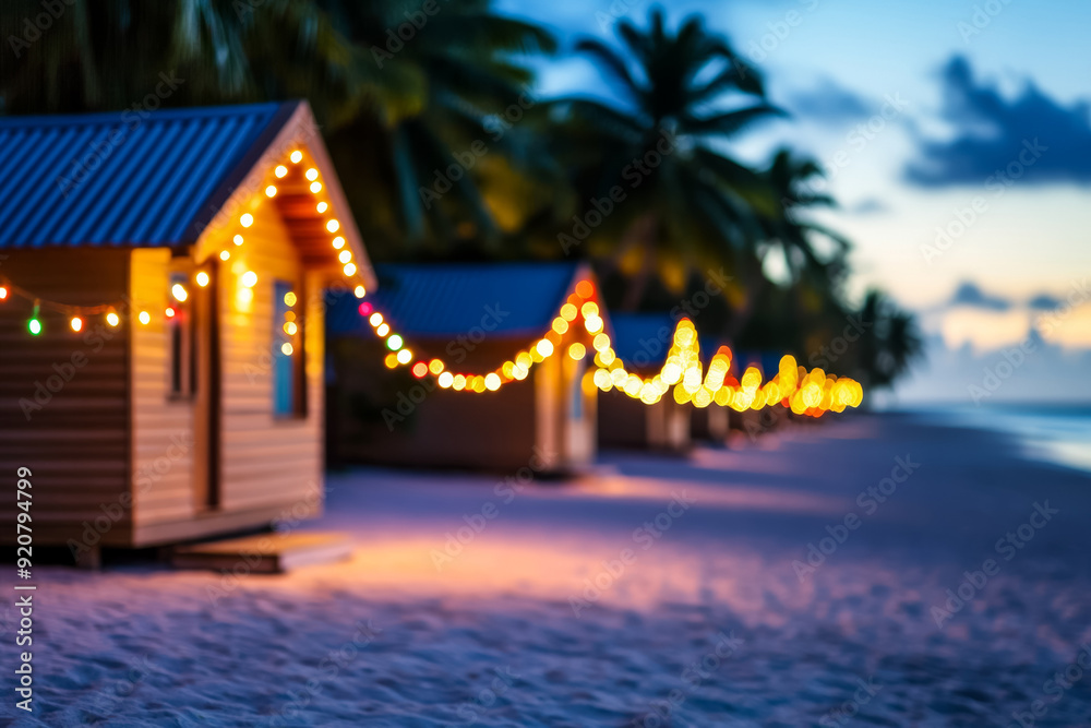 Sticker Festive lights twinkling on tropical beach huts welcoming the New Year 