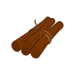Cinnamon sticks tied with string, brown drawing isolated on white background.