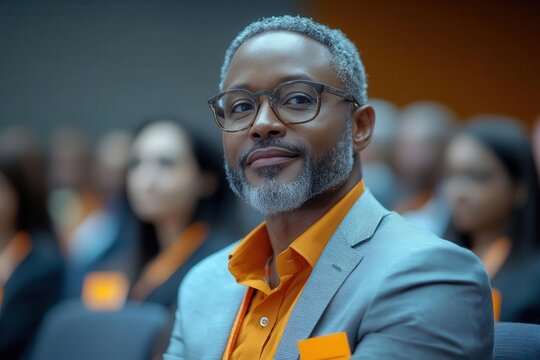 engaging business symposium diverse audience in modern conference hall attentive listeners professional atmosphere