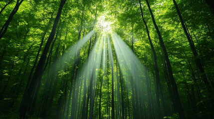 Lush green forest with a sunbeam shining through the trees calming nature background for relaxation and meditation peaceful vibes 