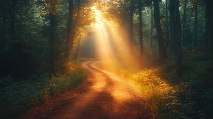 A photograph of a forest path flooded with ethereal light, with trees that seem to whisper secrets, captured in a dreamlike atmosphere.