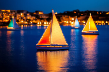 Naklejka premium Sailboats adorned with lights floating in a festive New Years marina 
