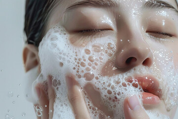 Fototapeta premium Portrait of beautiful natural Asian woman with foamy cleanser on her face