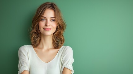 Fototapeta premium A young woman with a warm smile, standing in front of a green background, wearing a white top.