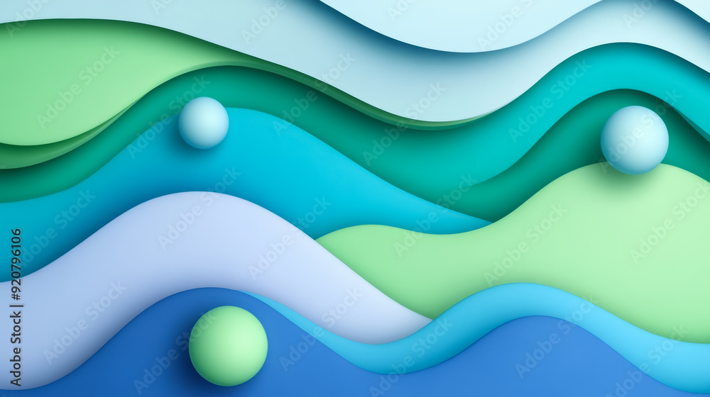 Poster Soft pastel gradient background with calming blue and green hues subtle wave patterns and minimal geometric shapes floating softly 