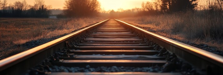 Fototapeta premium Railway track in the evening in sunset. Track railway train for transportation, Rail road