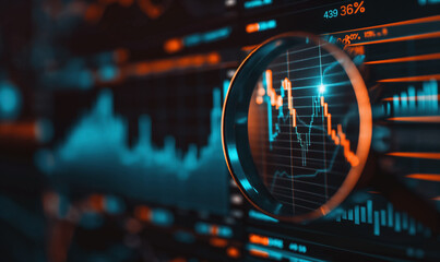 Close-up of a magnifying glass focusing on a digital financial graph with blue and orange tones, highlighting data analysis and market trends