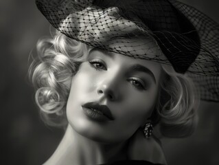 A woman with classic flapper style, wearing a vintage hat and accessorizing with a hair clip. Her makeup is dramatic, evoking the elegance of the jazz age.