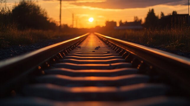 Railway track in the evening in sunset. Track railway train for transportation, Rail road
