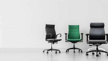 Obraz premium Vacant position. Green office chair among black ones on white background, banner design