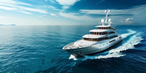 A magnificent and stunning yacht is gliding effortlessly through crystal clear waters, framed by a bright blue sky