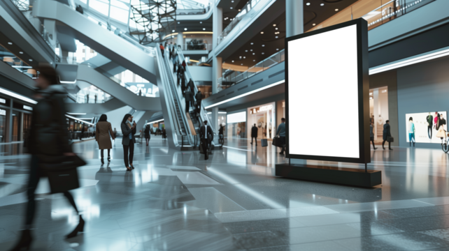 Modern shopping mall interior with an empty digital billboard and blurred shoppers walking around, providing a perfect space for advertisements and promotions