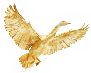 A golden goose sculpture mid-flight with wings fully extended, isolated on a white background, symbolizing wealth, elegance, and prosperity