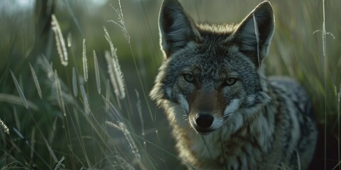A fox in a natural setting, squinting through tall grass with an intense gaze.