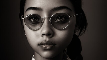 Generative AI, A striking and introspective portrait of a young woman wearing sunglasses, exuding confidence, mystery, and a modern edge through minimalist composition and strong expression.