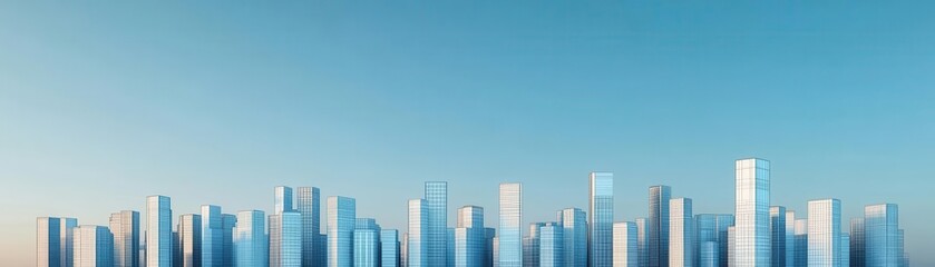 A minimalist urban cityscape in blueprint style, sharp lines, blue and white, futuristic architecture, soft lighting