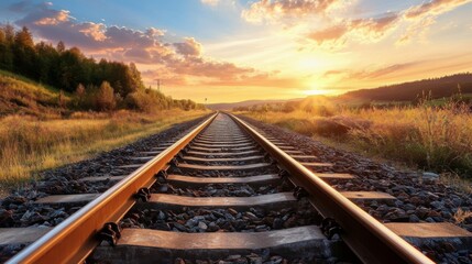 Railway track in the evening in sunset. Track railway train for transportation, Rail road