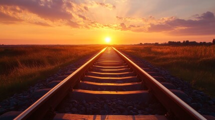Railway track in the evening in sunset. Track railway train for transportation, Rail road