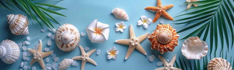 Many shells and starfishs on a blue surface, sea life, Travel concept, Banner, Copy space