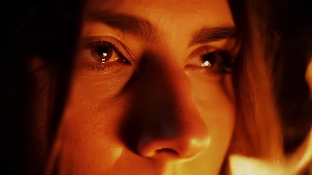 Young woman with illuminated skin is experiencing the feeling of warmth coming from a bonfire. The fire is reflecting in her eyes