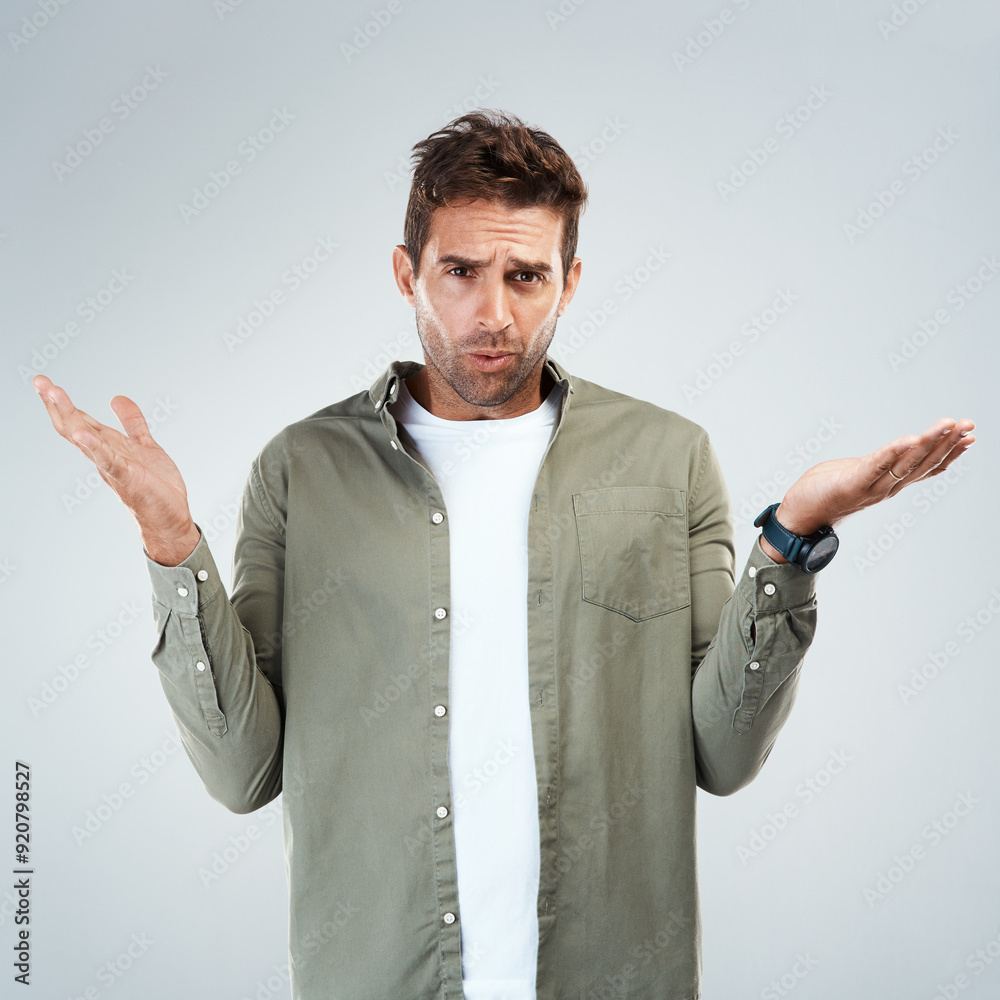 Aufkleber man, portrait and confused by choice, option or decision in gray background with hand gesture in stu