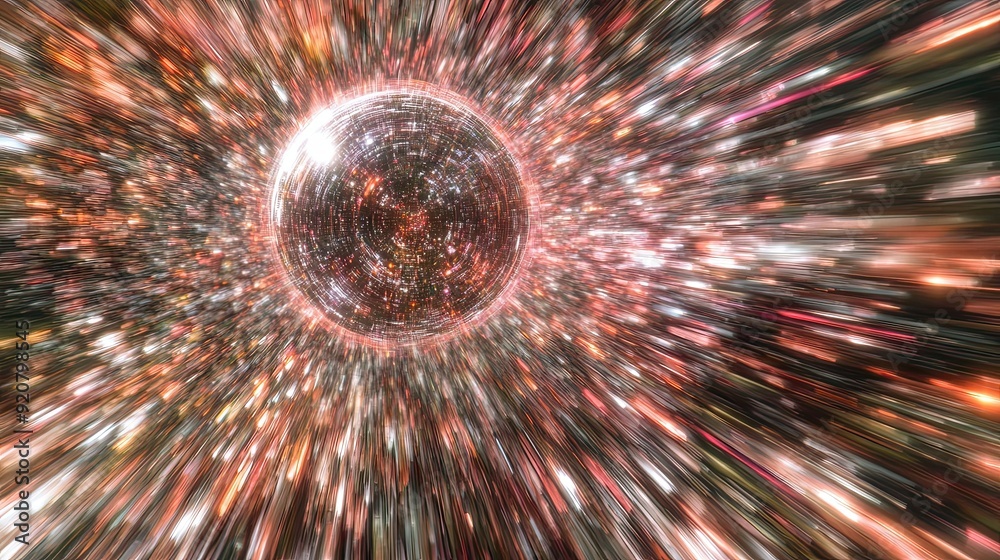 Poster traveling through a cosmic vortex at light speed in the vastness of space