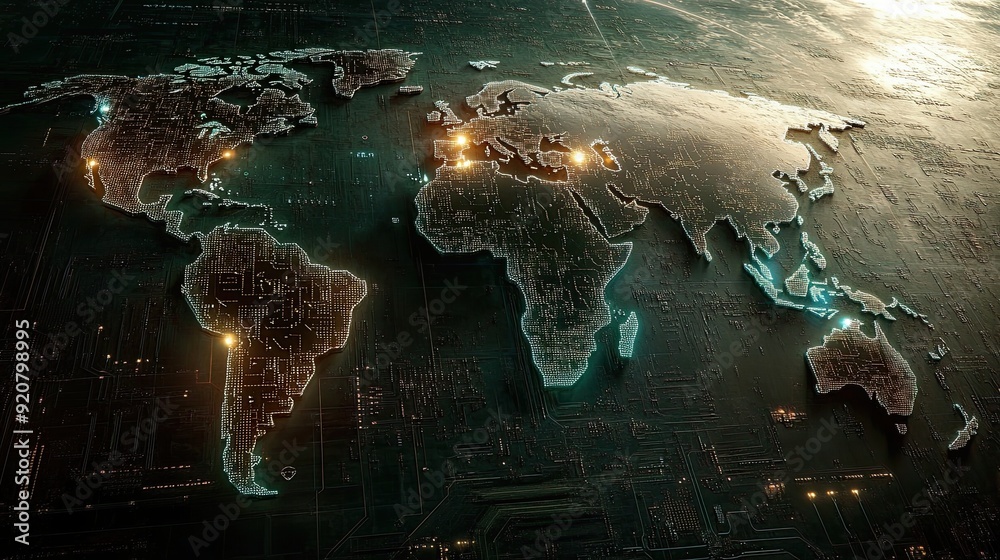 Poster futuristic world map with circuit board design illustrating global connectivity in a modern dark the