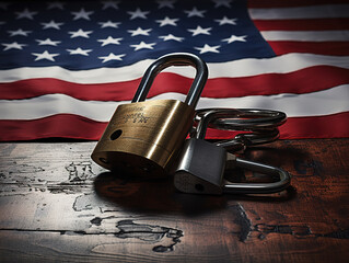 Luxurious Government shutdown us flag on wooden door closed with padlock