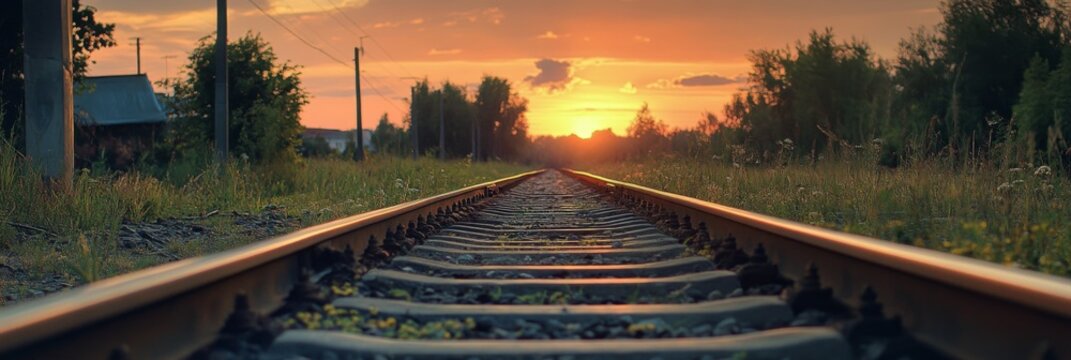 Railway track in the evening in sunset. Track railway train for transportation, Rail road