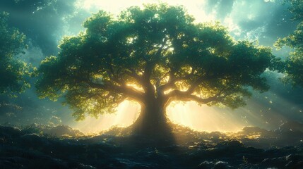 Obraz premium An illustration of a wise old tree, its branches reaching towards the sky like arms, standing sentinel over a peaceful forest clearing.