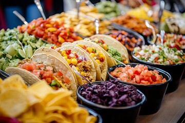 A vibrant taco bar featuring fresh ingredients and toppings during a festive gathering at a local celebration