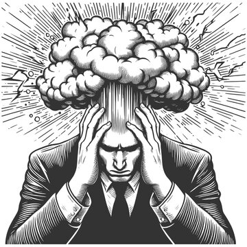 man with an exploding head, symbolizing extreme stress, pressure, or mental overload, sketch engraving generative ai vector illustration. Scratch board imitation. Black and white image.