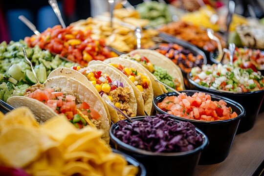 A vibrant taco bar featuring fresh ingredients and toppings during a festive gathering at a local celebration