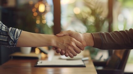 Two people shaking hands in front of a desk with a white paper on it
