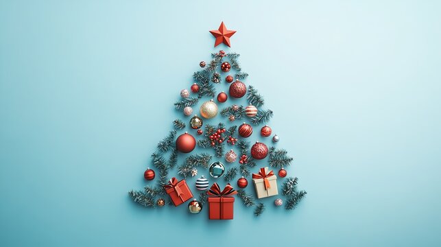 Christmas tree made of ornaments, pine branches, gifts and a star on blue background.
