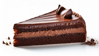 A piece of chocolate cake on white background