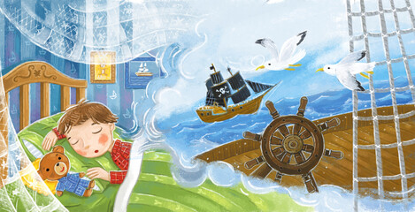 cartoon scene with little boy sleeping in his bed dreaming about pirate adventures on the sea illustration for children