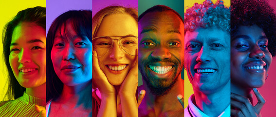 Collage. Portraits of different young people, men and women of different nationality, smiling against multicolored background in neon light. Concept of human emotions, facial expression