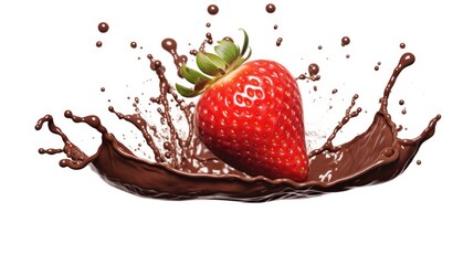 Vibrant red strawberry surrounded by rich, chocolate sauce, dripping to the side.