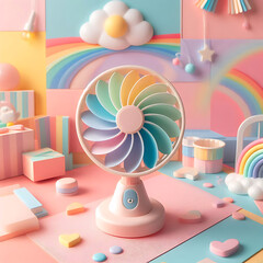 A small electric fan in soft colors with kawaii aesthetics.