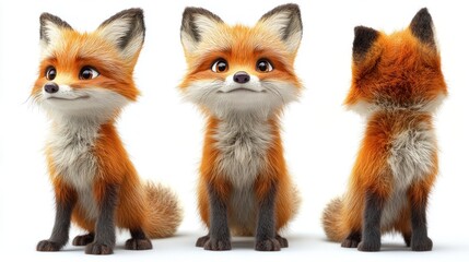 Obraz premium Three different views of a cute cartoon fox with a fluffy tail and big brown eyes.