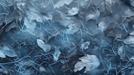 Collection of leaves covered in frost, winter scene. Cold colors, frosty appearance. Crystalline frost.