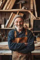 Man wearing overalls with tools behind him, smiling at the camera