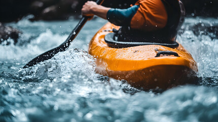 Fototapeta premium A white-water kayaker navigating through turbulent rapids, with the kayak and athlete prominently featured in the frame as they tackle the waves.
