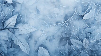 Obraz premium Collection of leaves covered in frost, winter scene. Cold colors, frosty appearance. Crystalline frost.