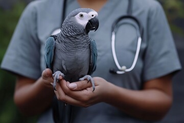 A dedicated veterinarian holding a colorful parrot, showcasing the importance of compassionate animal care and the vital role veterinarians play in the lives of exotic pets and wildlife health