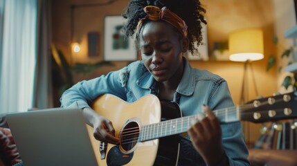 Obraz premium A woman is playing a guitar in a living room