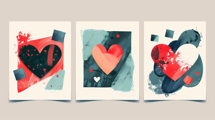 Creative concept of Happy Valentines Day cards set. Modern abstract art design with hearts and geometric shapes. Templates for celebration vecter image